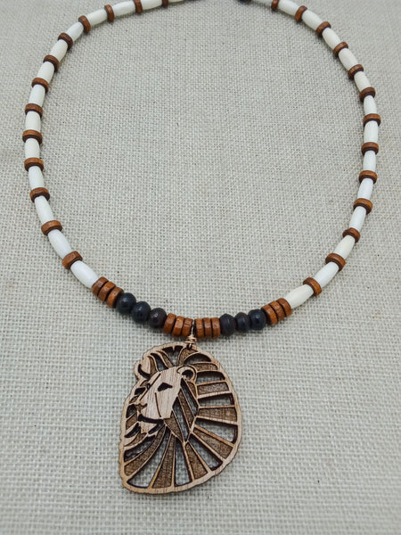 Lion Necklace Wooden Men Jewelry Beaded Brown Jewelry Gift for Him Fashion Statement