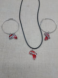 Africa Jewelry Set Red Silver Necklace Earrings Hoop Dangle Black Cord Women Gift