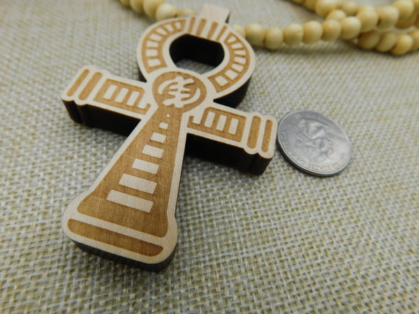 Ankh Necklace Beige Beaded Long Wooden Men Jewelry The Blacker