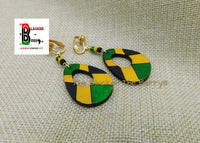 Jamaica Wooden Teardrop Clip On Earrings Green Yellow Black Handmade Hand Painted Jewelry