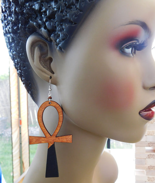 Ankh Earrings Wooden Jewelry Ankh Black Hand Painted Wood Ethnic Afrocentric Egyptian Gift Ideas for Her Black Owned Business