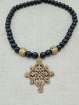 Egyptian Coptic Cross Necklace Bronze Black Beaded Jewelry Gift African Handmade for Him