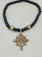 Egyptian Coptic Cross Necklace Bronze Black Beaded Jewelry Gift African Handmade for Him