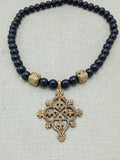 Egyptian Coptic Cross Necklace Bronze Black Beaded Jewelry Gift African Handmade for Him