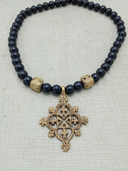 Egyptian Coptic Cross Necklace Bronze Black Beaded Jewelry Gift African Handmade for Him
