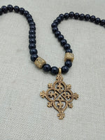 Egyptian Coptic Cross Necklace Bronze Black Beaded Jewelry Gift African Handmade for Him