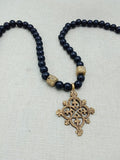 Egyptian Coptic Cross Necklace Bronze Black Beaded Jewelry Gift African Handmade for Him