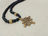 Egyptian Coptic Cross Necklace Bronze Black Beaded Jewelry Gift African Handmade for Him