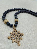 Egyptian Coptic Cross Necklace Bronze Black Beaded Jewelry Gift African Handmade for Him