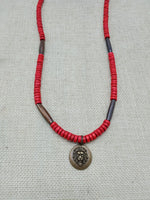 Lion Necklace Bronze Red Beaded Wooden Brown Necklace Gift Handmade