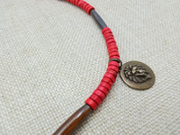 Lion Necklace Bronze Red Beaded Wooden Brown Necklace Gift Handmade