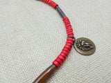 Lion Necklace Bronze Red Beaded Wooden Brown Necklace Gift Handmade