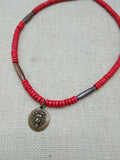Lion Necklace Bronze Red Beaded Wooden Brown Necklace Gift Handmade