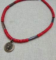 Lion Necklace Bronze Red Beaded Wooden Brown Necklace Gift Handmade