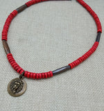 Lion Necklace Bronze Red Beaded Wooden Brown Necklace Gift Handmade