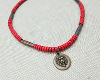 Lion Necklace Bronze Red Beaded Wooden Brown Necklace Gift Handmade