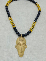 African Mask Pendant Black Yellow Beaded Jewelry Handmade Gift for Him Bronze