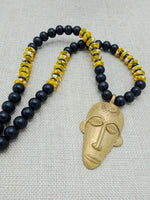 African Mask Pendant Black Yellow Beaded Jewelry Handmade Gift for Him Bronze
