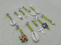 Loc Hair Accessories Dread Jewelry Set of 10 Cowrie Ankh Beads Elephant Green Handmade Statement
