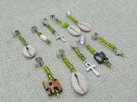 Loc Hair Accessories Dread Jewelry Set of 10 Cowrie Ankh Beads Elephant Green Handmade Statement