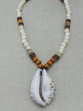 Large Cowrie Necklace Wooden Beaded Jewelry Brown White African Statement Gift for Him Wedding