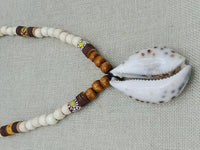 Large Cowrie Necklace Wooden Beaded Jewelry Brown White African Statement Gift for Him Wedding