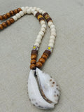 Large Cowrie Necklace Wooden Beaded Jewelry Brown White African Statement Gift for Him Wedding