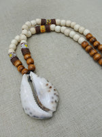 Large Cowrie Necklace Wooden Beaded Jewelry Brown White African Statement Gift for Him Wedding