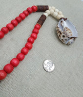 Large Cowrie Necklace Men Wooden Red White Ethnic Handmade Beaded Jewelry Boho