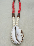 Large Cowrie Necklace Men Wooden Red White Ethnic Handmade Beaded Jewelry Boho