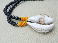 Men Necklaces Wooden Cowrie Black Yellow Beaded Jewelry Handmade Boho Ethnic Gift Statement