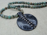 Ethnic Necklace Women Jewelry Black Pendant African Green Stone Silver Handmade Gift