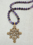 African Egyptian Coptic Cross Bronze Beaded Men Jewelry Amethyst Purple Gold Gift for Him
