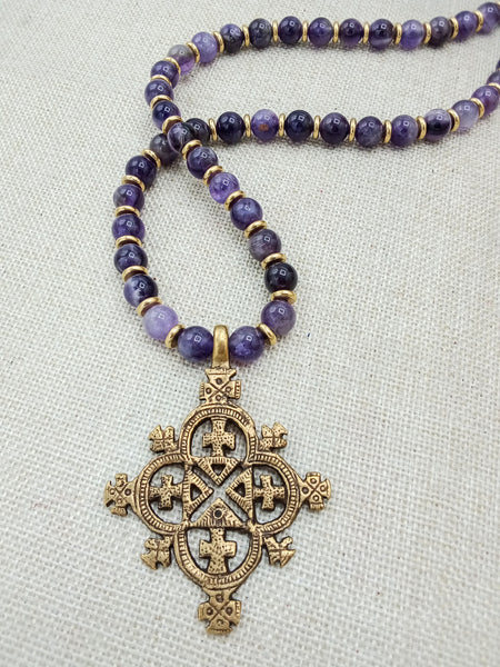 African Egyptian Coptic Cross Bronze Beaded Men Jewelry Amethyst Purple Gold Gift for Him