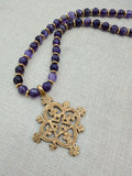 African Egyptian Coptic Cross Bronze Beaded Men Jewelry Amethyst Purple Gold Gift for Him