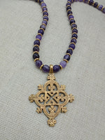 African Egyptian Coptic Cross Bronze Beaded Men Jewelry Amethyst Purple Gold Gift for Him