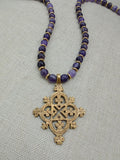 African Egyptian Coptic Cross Bronze Beaded Men Jewelry Amethyst Purple Gold Gift for Him