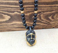 African Men Necklaces Handmade Black Gold Pendant Beaded Wooden Gift for Him