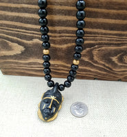 African Men Necklaces Handmade Black Gold Pendant Beaded Wooden Gift for Him
