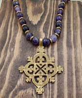 African Egyptian Coptic Cross Bronze Beaded Men Jewelry Amethyst Purple Gold Gift for Him