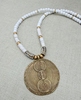 African Ethnic Necklaces Brass White Beaded Jewelry Gold Handmade Gift Statement Afrocentric