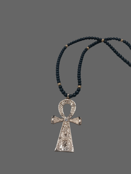 Gold Ankh Men Necklace Large Pendant Beaded Jewelry  Black