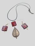 Antique Copper Teardrop Murano Glass Women Necklace Jewelry Set Earrings Amber Red