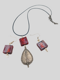 Antique Copper Teardrop Murano Glass Women Necklace Jewelry Set Earrings Amber Red