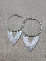 Silver Earrings Hoop V Shaped Hammered Jewelry Women Ethnic
