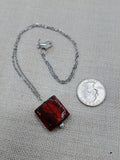 Women Necklace Long Stainless Steel Chain Amber Red Glass Square Jewelry