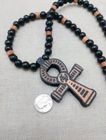 Wooden Ankh Necklace Beaded Black Brown Jewelry Gye Nyame African Egyptian