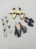 Wooden Earrings Africa Gye Nyame Black Brown Cowrie Fist Women Handmade Beaded Jewelry Set of 4