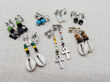 Women Non Pierced Earring Clip On Set of 7 Beaded Silver Jewelry Elephant Ankh Cowrie Gift Ideas for Her