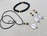 Women Jewelry Set Pan African Earrings Necklace Bracelet Silver Red Black Green Ethnic